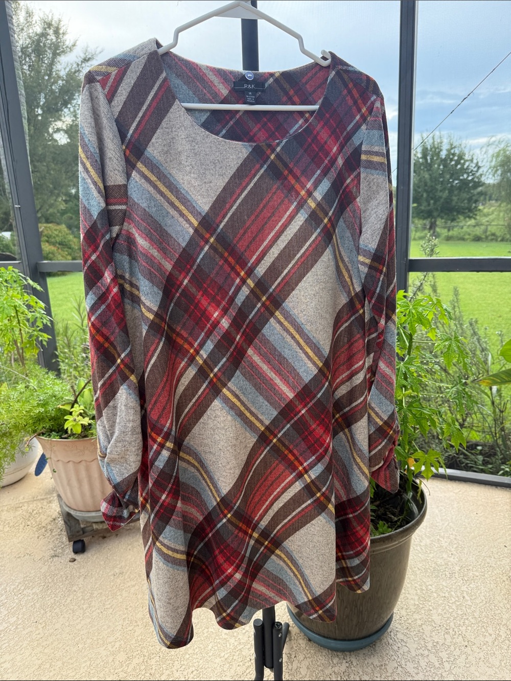 R&K Red, Gray and Brown Plaid Long Sleeve Tunic Dress